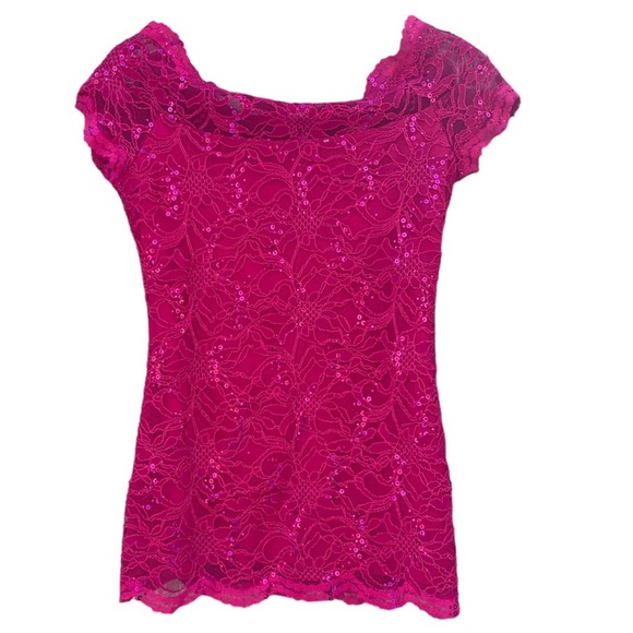 Boston Proper Lace & Sequin Top. Magenta, Stretchy, Lined. Made In USA Size XS - Picture 7 of 9